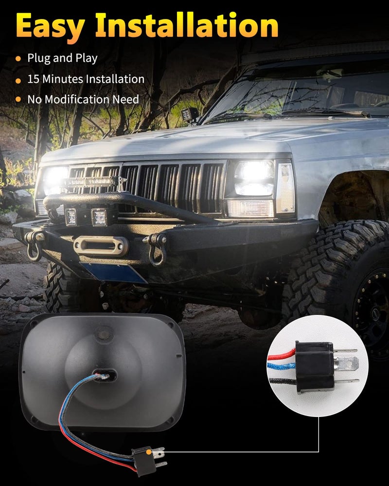 BICYACO 1 Pair 105W Rectangular 5x7/ 6x7 Inch Led Headlight High Low Beam Headlamp Compatible with Jeep Wrangler YJ Cherokee XJ Kenworth T300 1997-2010 Replacement H6054 H5054 H6054LL 69822 6052 6053 - Image 5